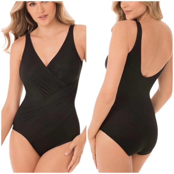 Miraclesuit NWT Must Haves Oceanus One Piece Swimsuit Black Size 12 Shirred - Picture 1 of 13